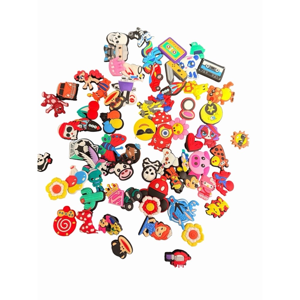RANDOM Lot of approximately 58 Jibbitz Shoe Charms Cherry Sun Butterfly Cow